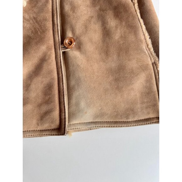 Vintage 70's Tan Genuine Sheepskin Suede Leather Shearling Ranch Coat, Size 6/XS - Picture 9 of 16